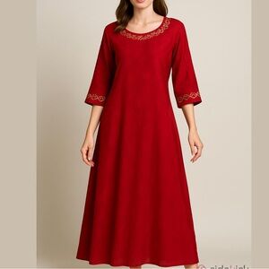 APRIL CORNELL April Too red jacquard dress caftan floral embroidery detailing OS